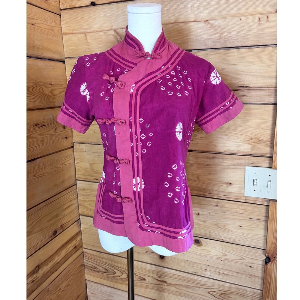 Vintage Pink Batik Mandarin‎ Collar Blouse Women Size Medium Shambala Oriental
